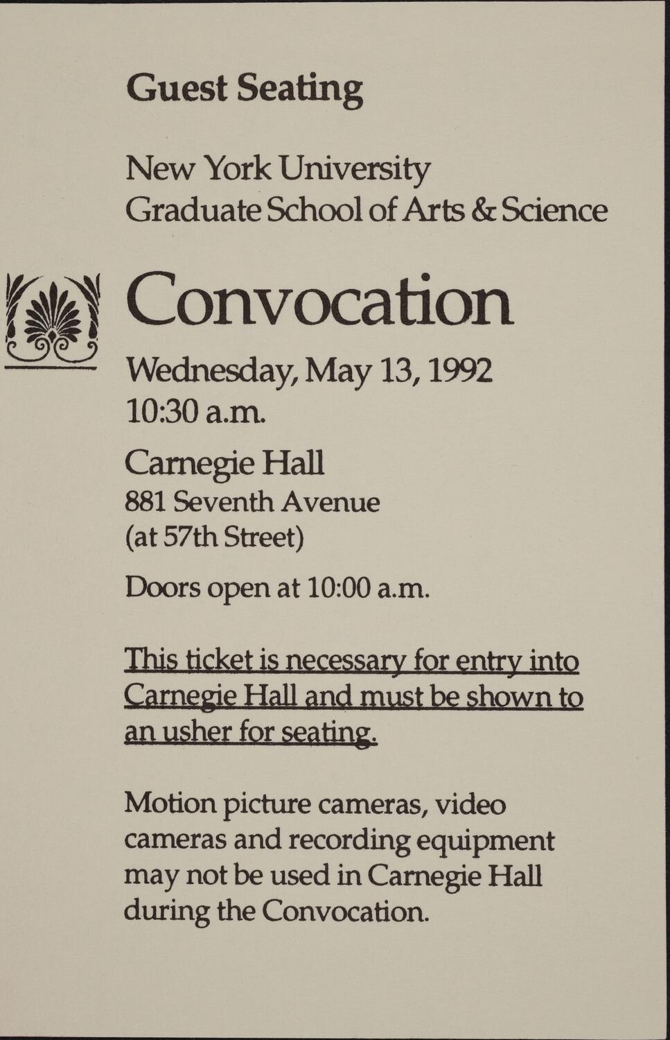 Ticket for New York University Graduate School of Arts & Sciences Convocation, May 13, 1992 (front)