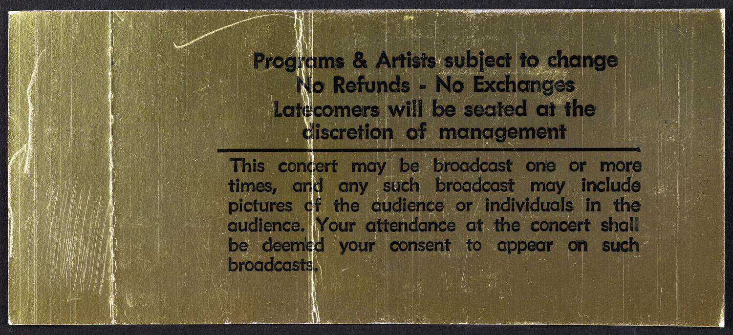 Ticket for The Gala Reopening of Carnegie Hall, December 15, 1986 (back)