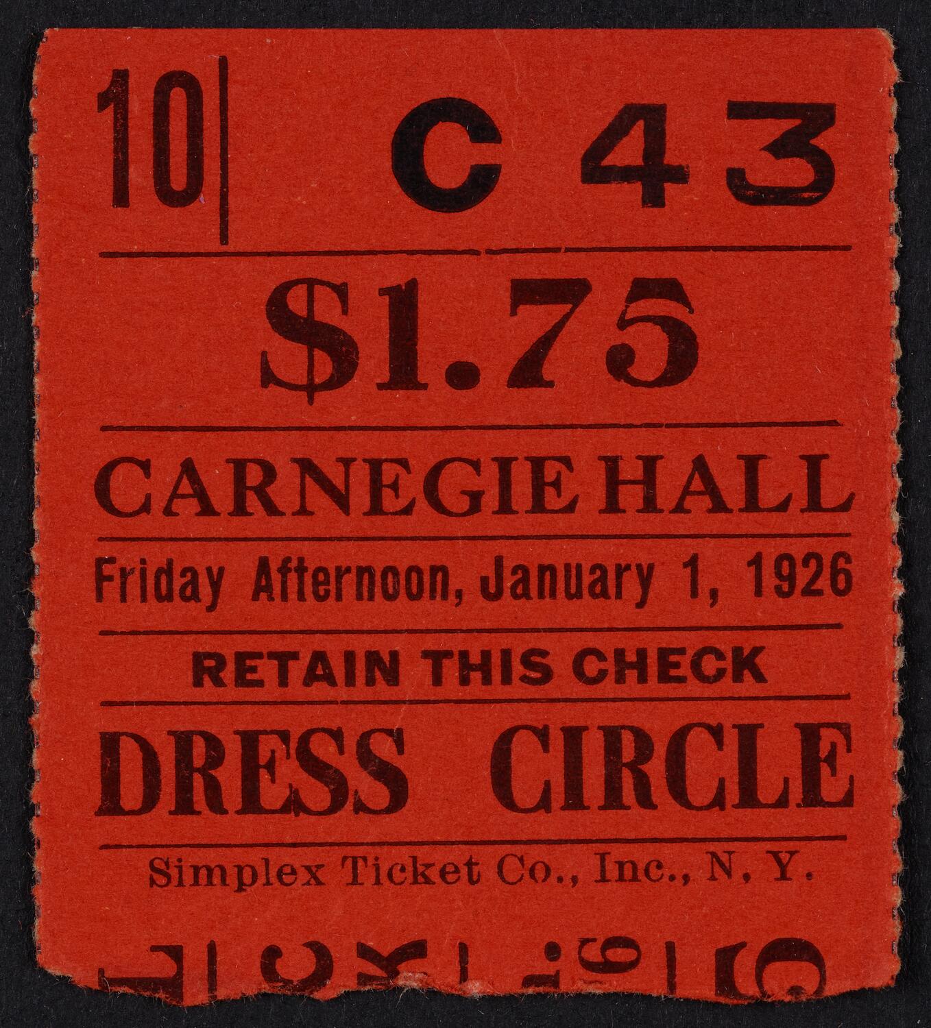 Ticket for Philharmonic-Symphony Society of New York, January 1, 1926 (front)
