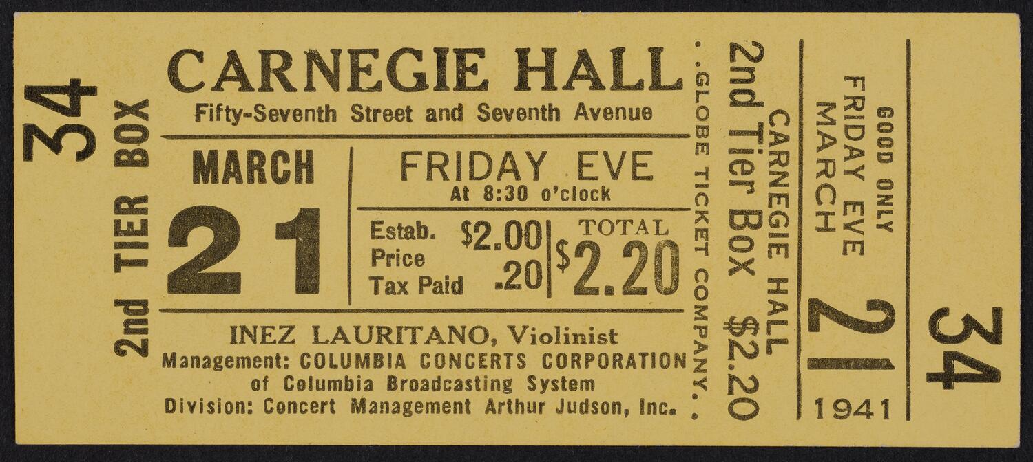 Ticket for Inez Lauritano, March 21, 1941 (front)