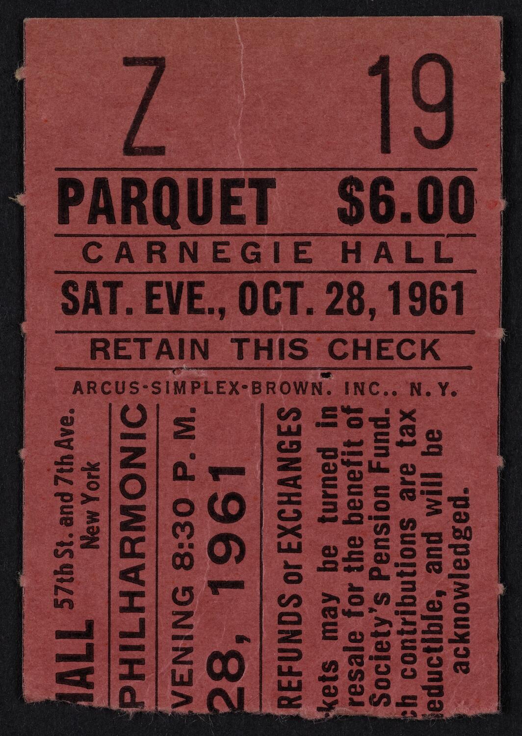 Ticket for New York Philharmonic, October 28, 1961 (front)