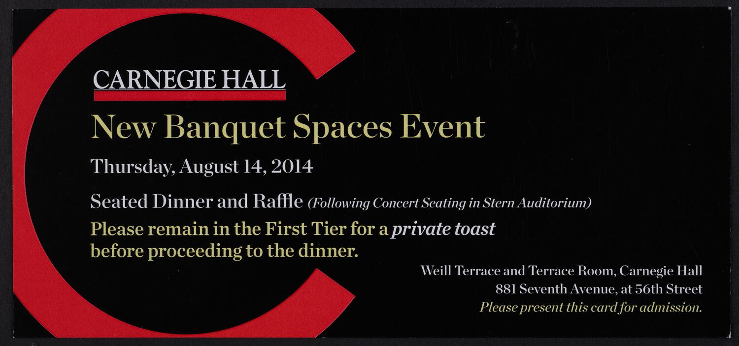 Ticket for New Banquet Spaces Event: Seated Dinner and Raffle, August 14, 2014 (front)