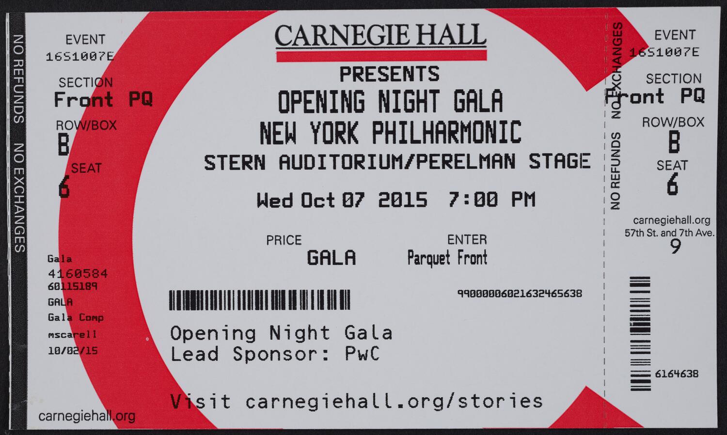 Ticket for Opening Night Gala: New York Philharmonic, October 7, 2015 (front)