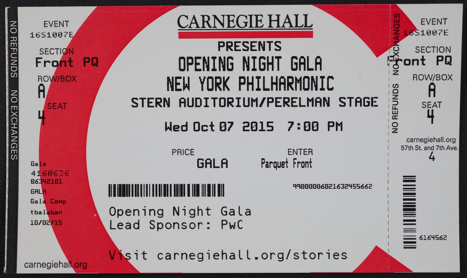 Ticket for Opening Night Gala: New York Philharmonic, October 7, 2015 (front)