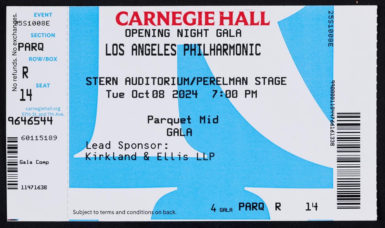 Ticket for Opening Night Gala: Los Angeles Philharmonic, October 8, 2024 (front)