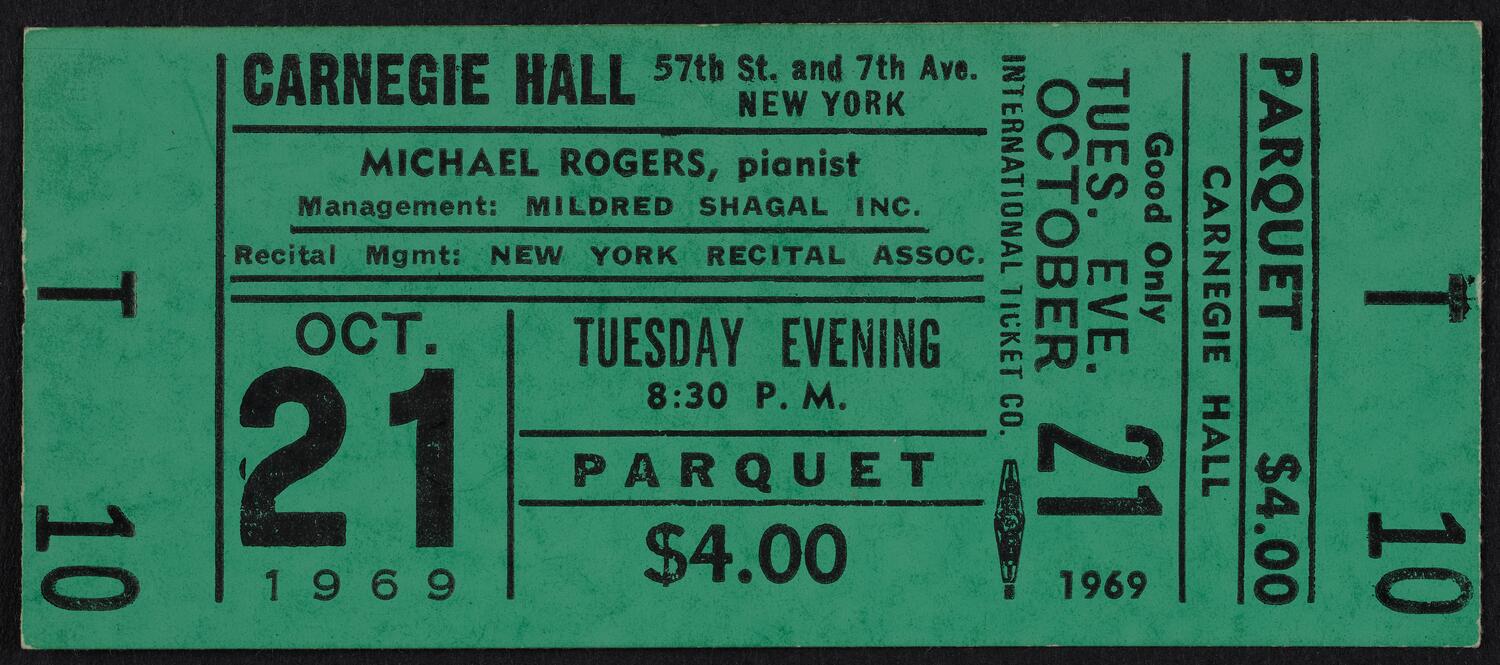 Ticket to Michael Rogers, October 21, 1969 (front)