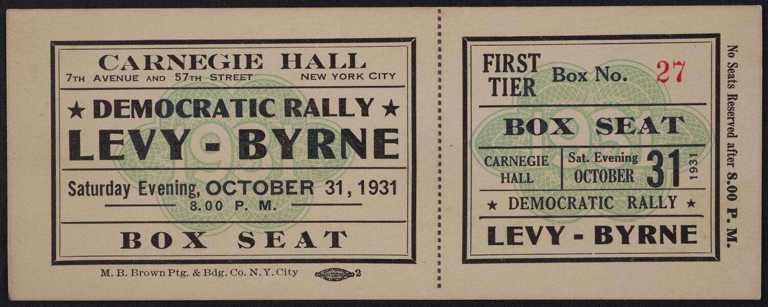 Ticke for Democratic County Committee Rally, October 31, 1931 (front)