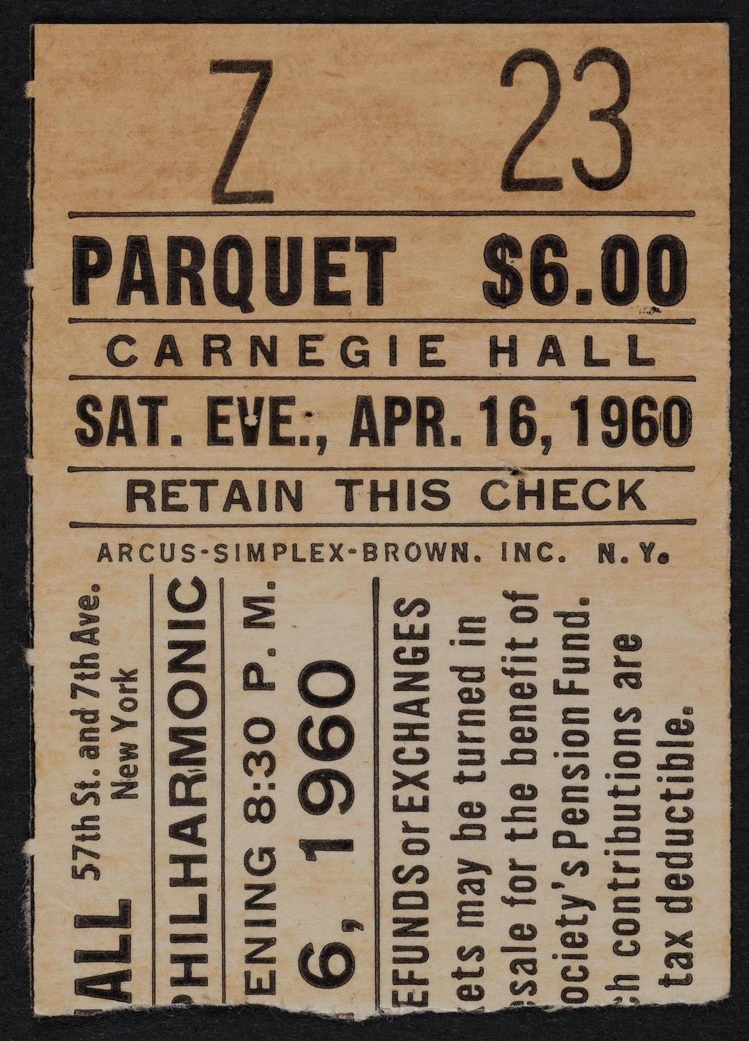 Ticket for New York Philharmonic, April 16, 1960 (front)