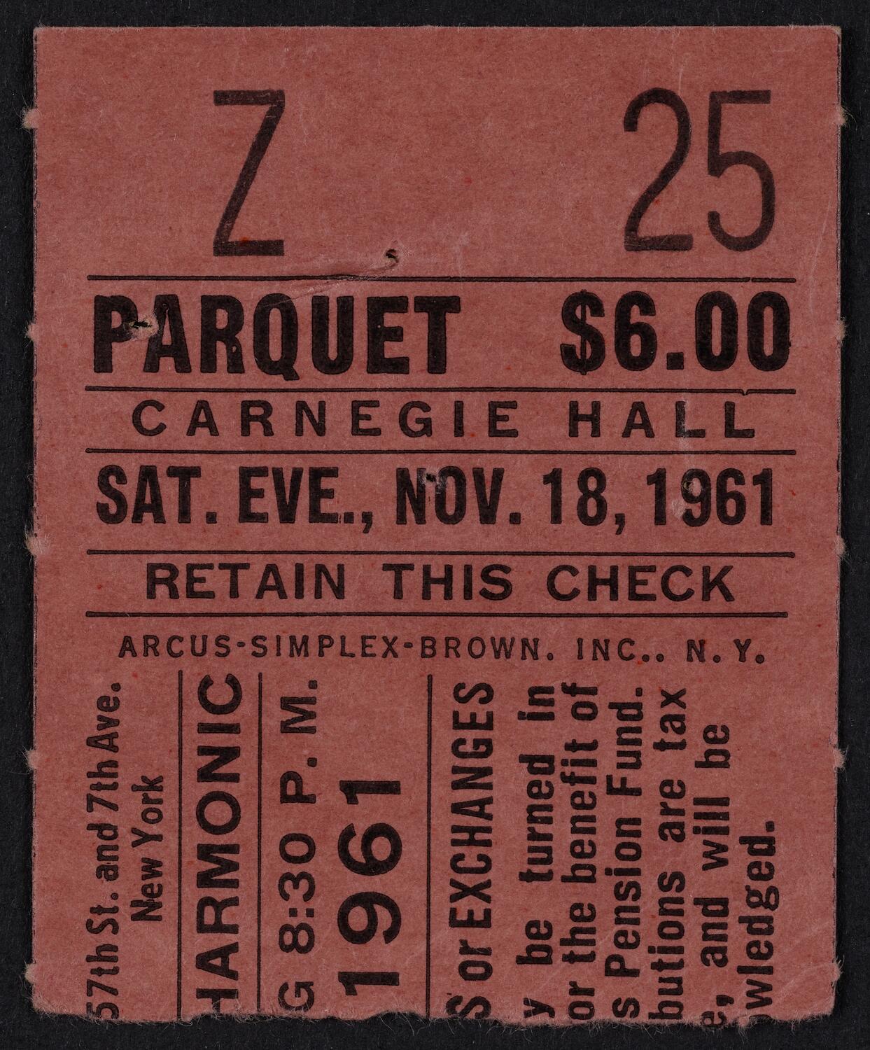 Ticket for New York Philharmonic, November 18, 1961 (front)