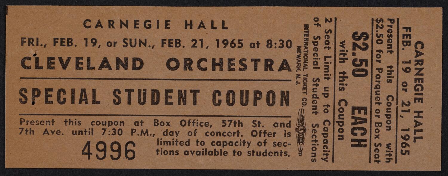 Ticket for Cleveland Orchestra, February 21, 1965 (front)
