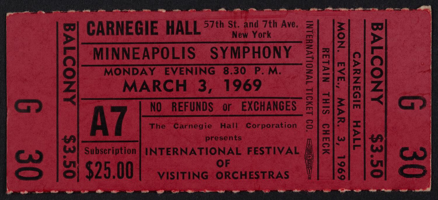 Ticket for Minneapolis Symphony Orchestra, March 3, 1969 (front)