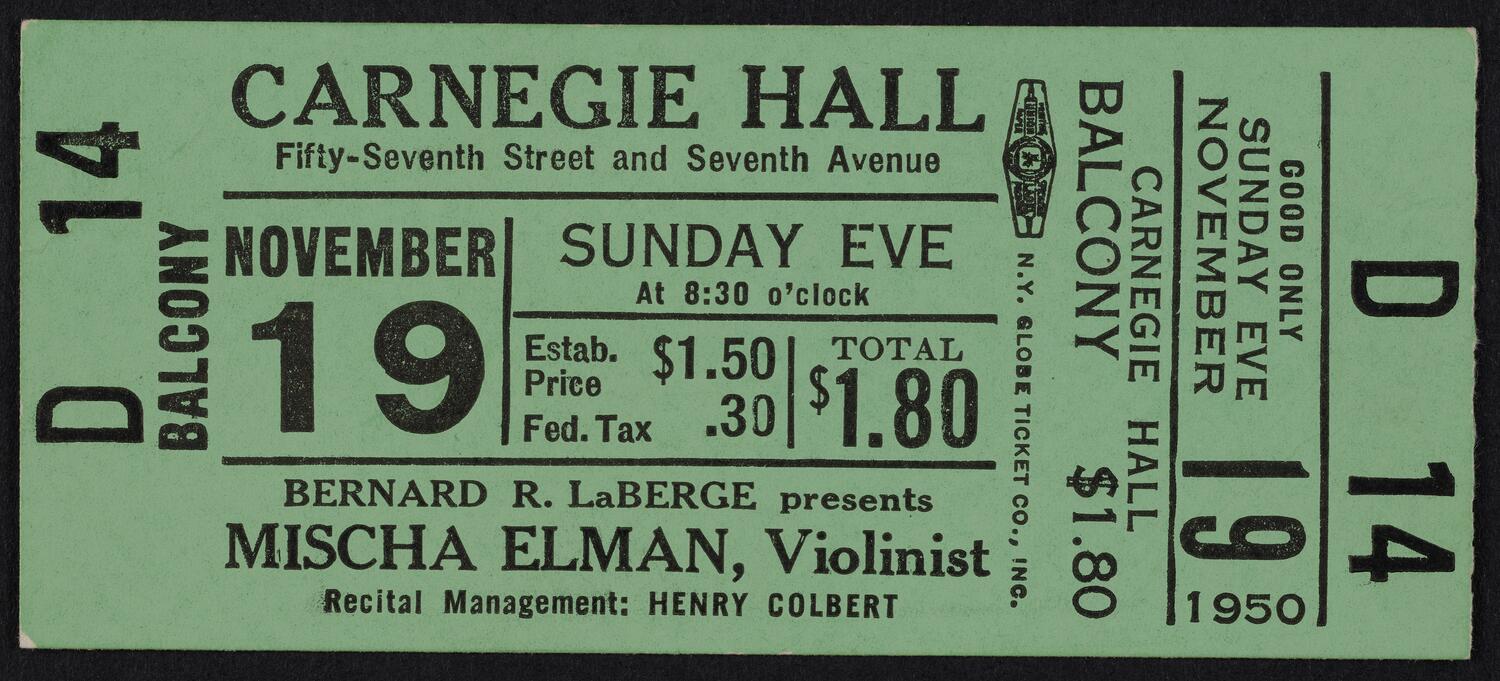 Ticket for Mischa Elman, November 19, 1950 (front)