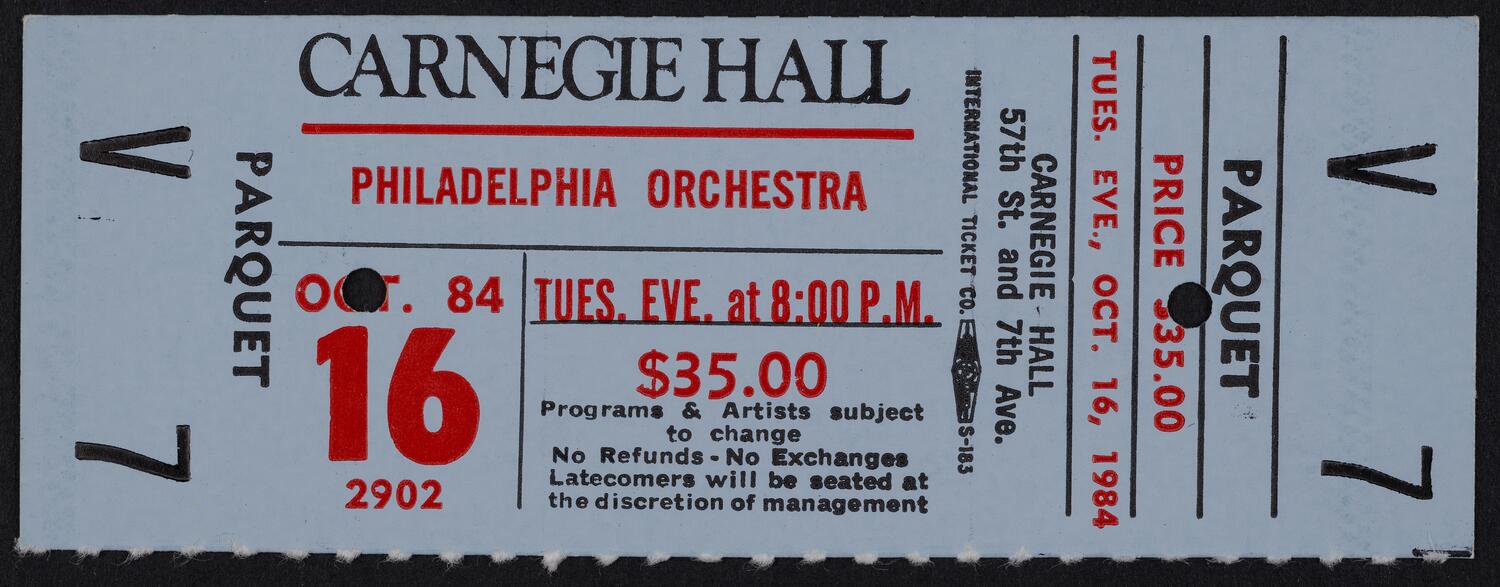 Ticket for Philadelphia Orchestra, October 16, 1984 (front)