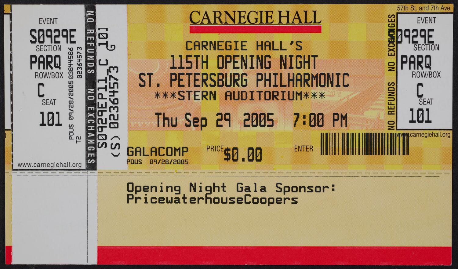 Ticket for Carnegie Hall's 115th Opening Night: St. Petersburg Philharmonic, September 29, 2005 (front)