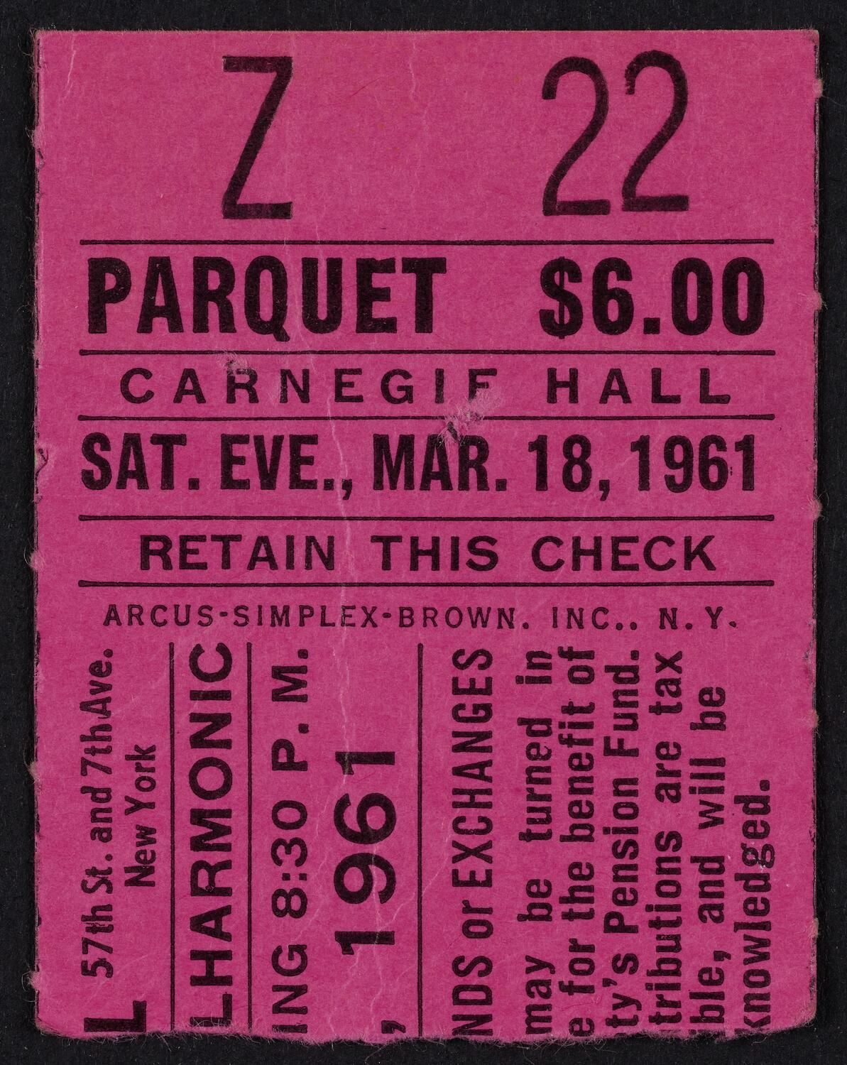 Ticket for New York Philharmonic, March 18, 1961 (front)