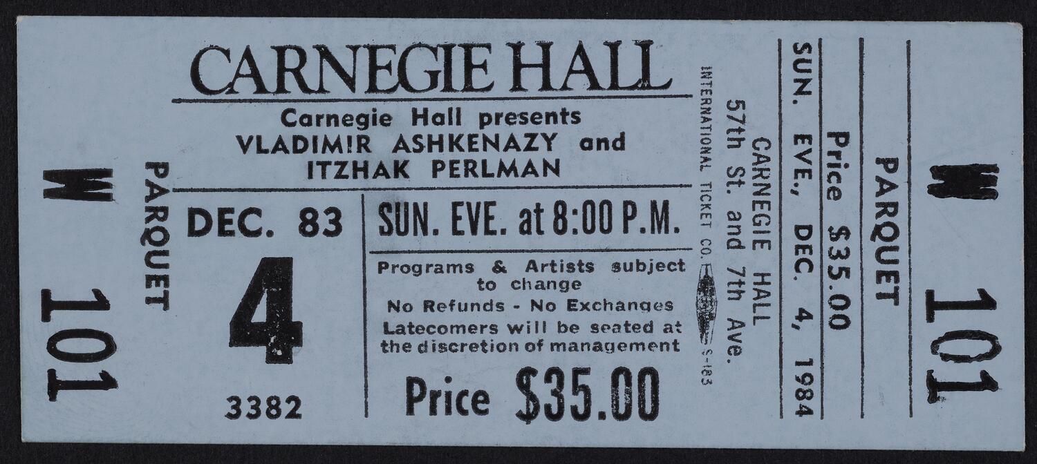 Ticket for Vladimir Ashkenazy & Itzhak Perlman, December 4, 1983 (front)