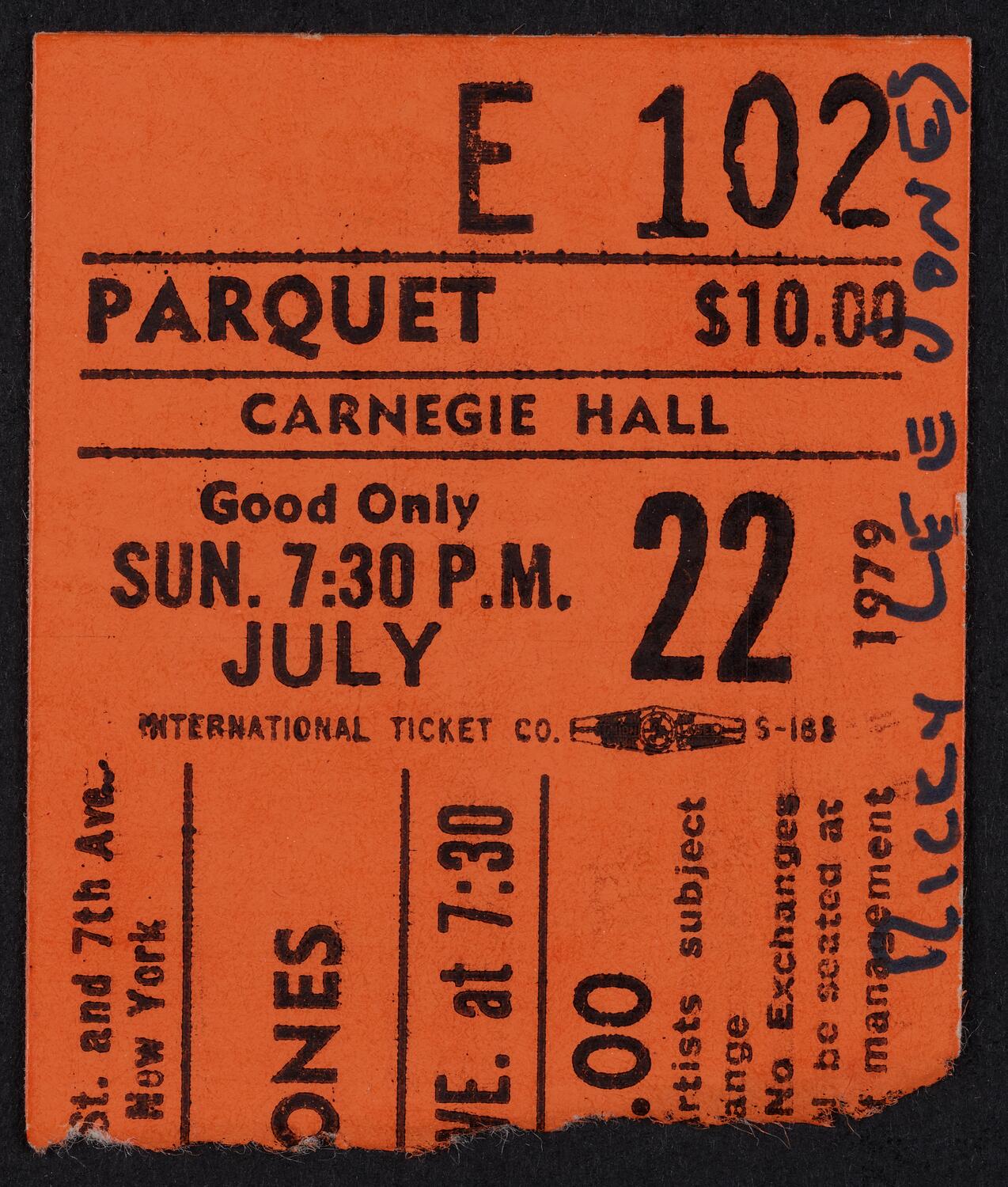 Ticket for Rickie Lee Jones, July 22, 1979 (front)