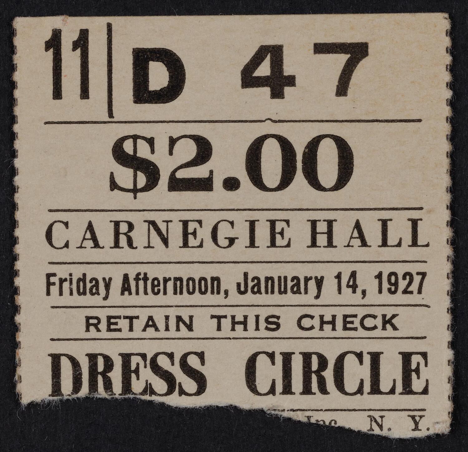 Ticket for Philharmonic-Symphony Society of New York, January 14, 1927 (front)