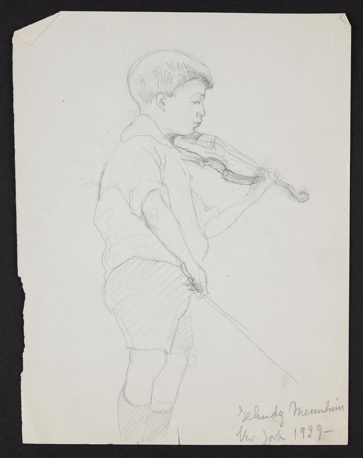 Sketch of Yehudi Menuhin holding violin with bow hand lowered to the ground