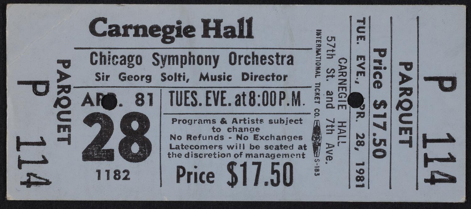 Ticket for Chicago Symphony Orchestra, April 28, 1981 (front)