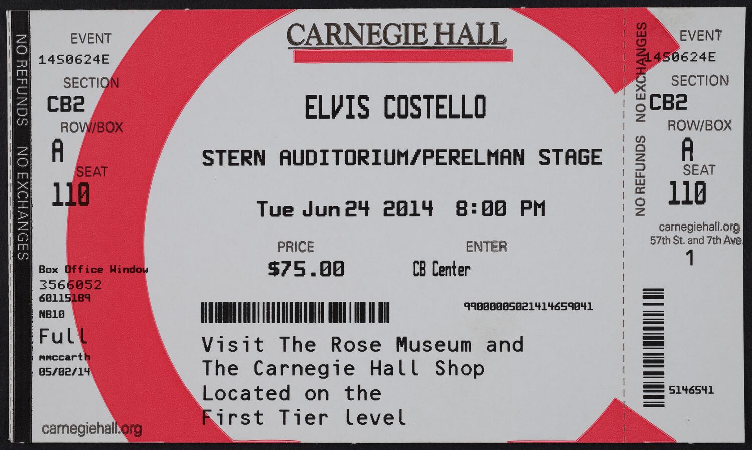 Ticket for Elvis Costello, June 24, 2014 (front)