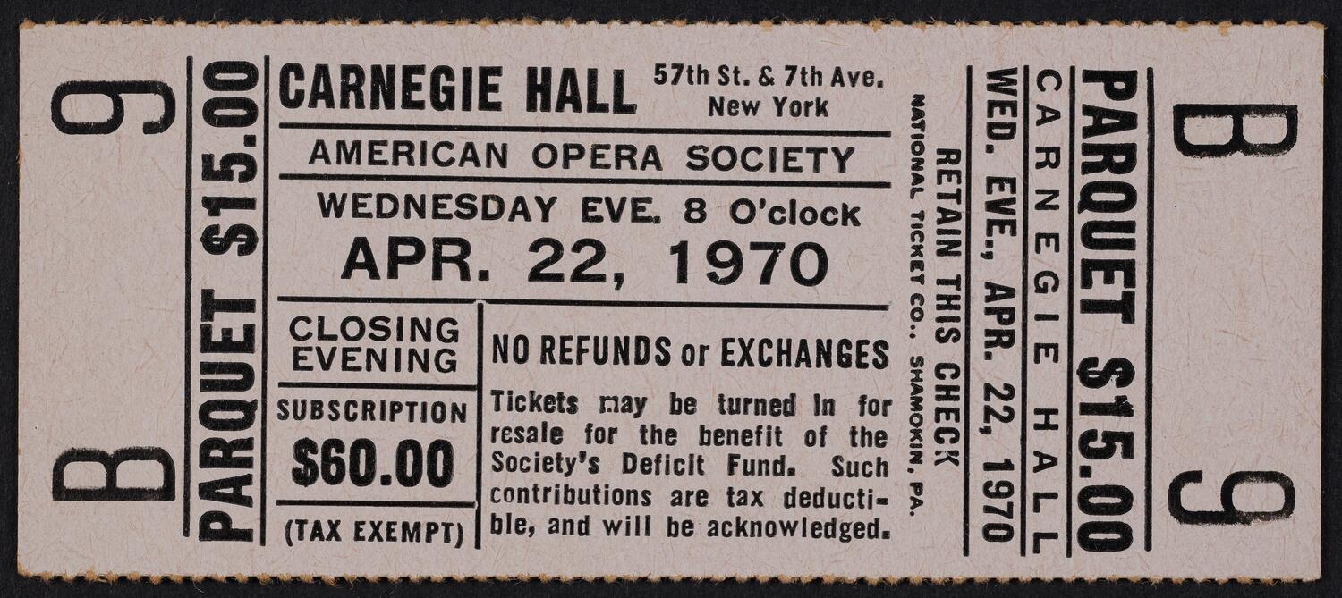 Ticket for American Opera Society, April 22, 1970 (front)