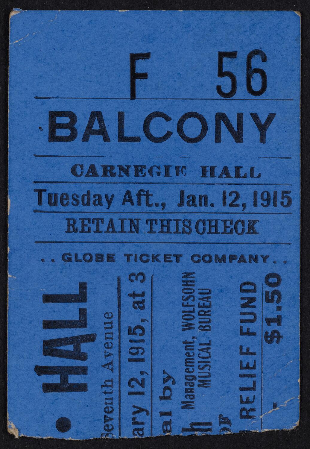 Ticket for Marcella Sembrich, January 12, 1915 (front)