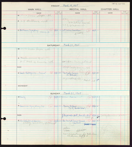 The booking ledgers recorded every event that took place in Carnegie Hall’s various auditoriums and were used to schedule performances from 1955 to 2007. These ledgers include rare documentation of the great artists, managers, and events of various genres that have taken place at the Hall.