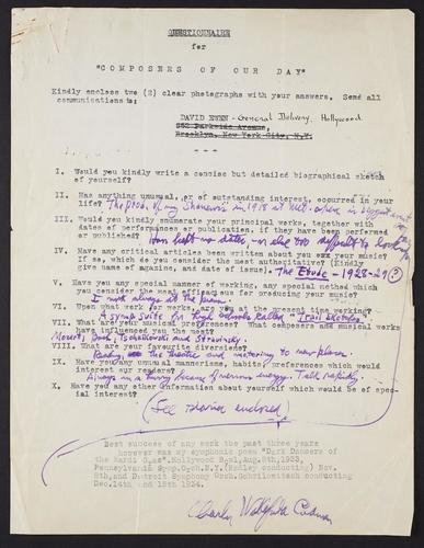 Explore formerly unpublished questionnaires and correspondence from 60 composers—including Alban Berg, Jean Sibelius, Anton Webern, and Edgard Varèse—compiled for the 1934 edition of <i>Baker's Biographical Dictionary of Musicians</i>. The collection was gifted to Carnegie Hall by the family of Robert Geiger, one of the dictionary's editors.