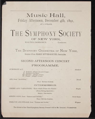 Explore printed concert programs from 1891 to the 1920s, documenting performances from four of Carnegie Hall’s historic stages: the Main Hall, Recital Hall, Chamber Music Hall, and Carnegie Lyceum. Information in these program pages includes artists, repertoire, advertisements, and much more.